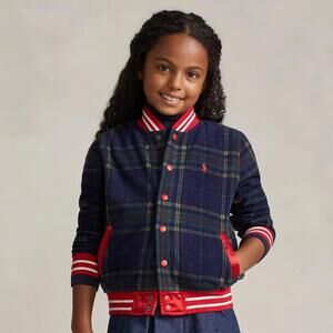 Polo Ralph Lauren Girls Varsity Plaid Fleece Baseball Jacket Sz 5 Navy Red NEW